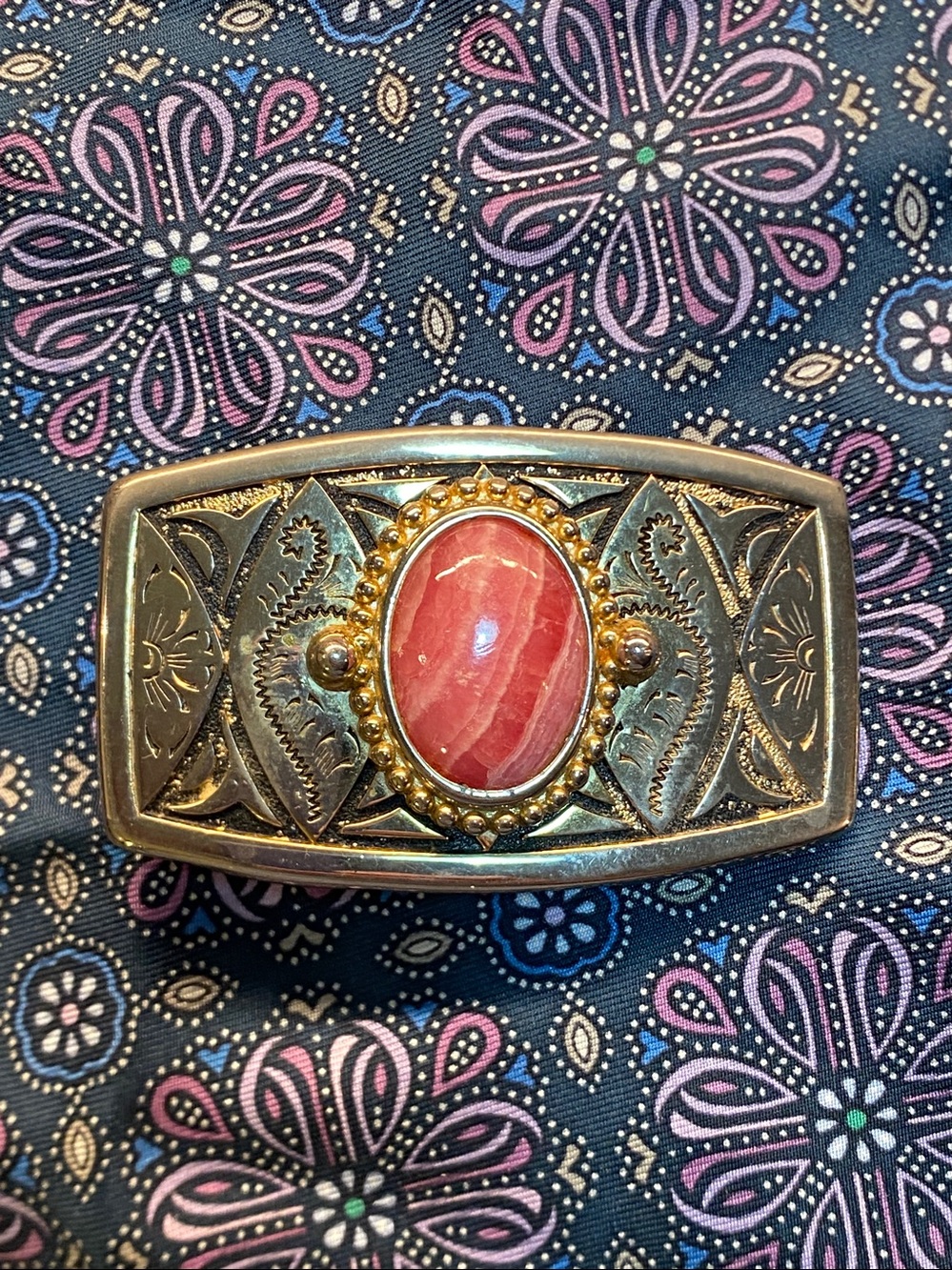 Vintage Western Belt Buckle Natural Rhodochrosite Stone Two Tone
